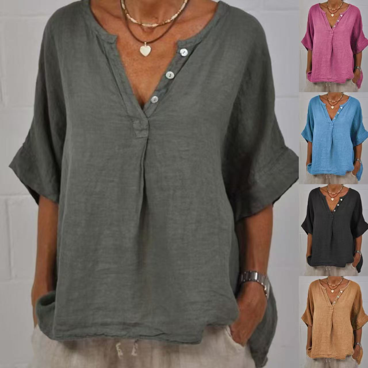 Chemise boutonnée en coton et lin à col en V pour femme
