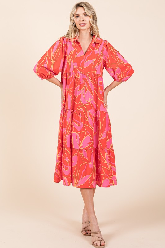 Nouvelle robe midi d'été à plusieurs niveaux, imprimée et col chemise pour femme – Une robe élégante et polyvalente au style raffiné et féminin