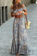 Robe longue bohème à imprimé cachemire bleu et épaules dénudées