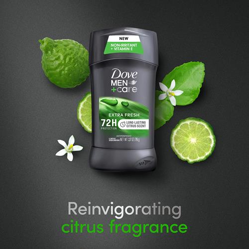 Dove Men+Care Extra Fresh Anti-transpirant Déodorant en Stick Homme Extra Fresh Lot de 2 avec Protection Contre la Transpiration et les Odeurs 72h avec ¼ de Crème Hydratante et Parfum d'Agrumes Longue Durée 76 g
