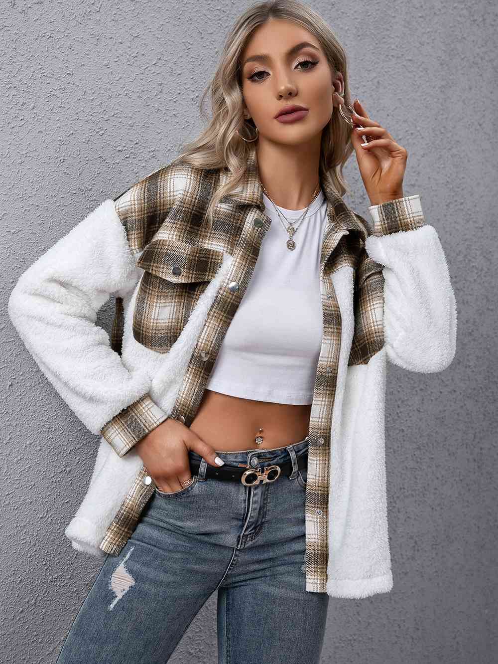 Veste boutonnée à col et carreaux, moderne et intemporelle, veste décontractée simple pour femme, veste classique