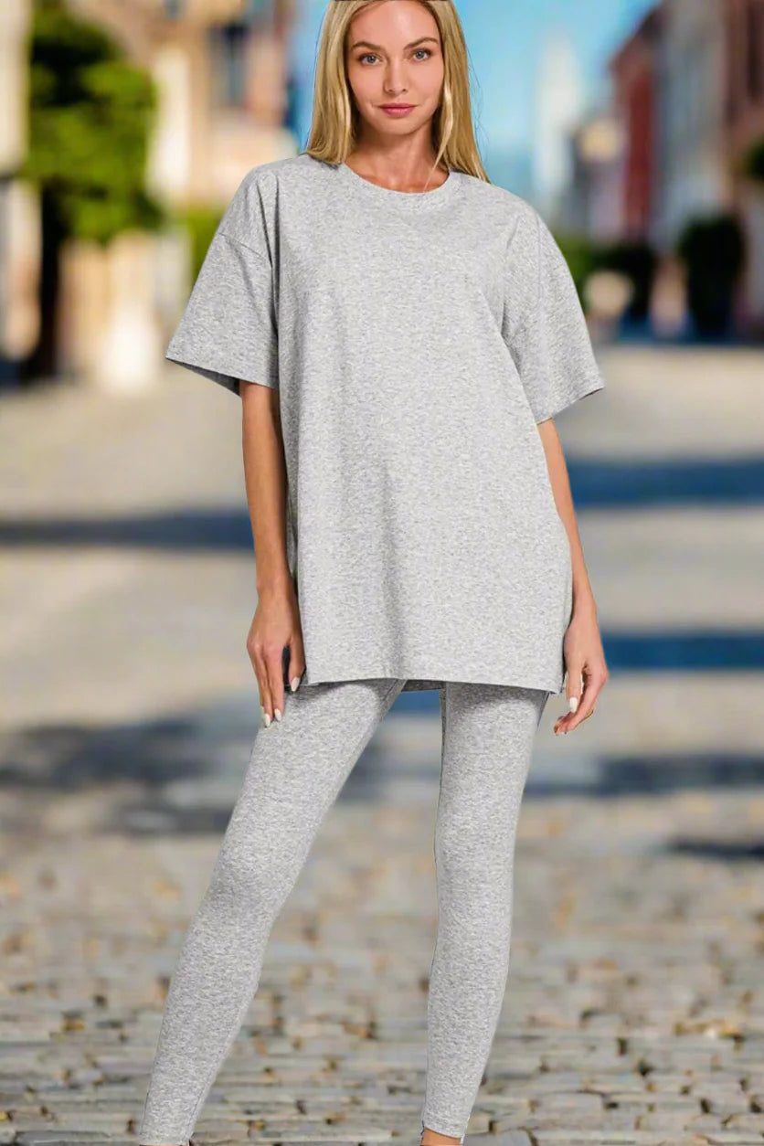 Ensemble haut et legging en coton à col rond Zenana