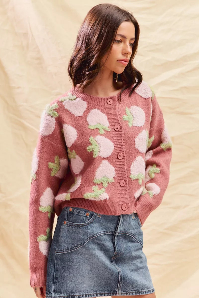 SO ME Cardigan en maille boutonnée à motif de fraises