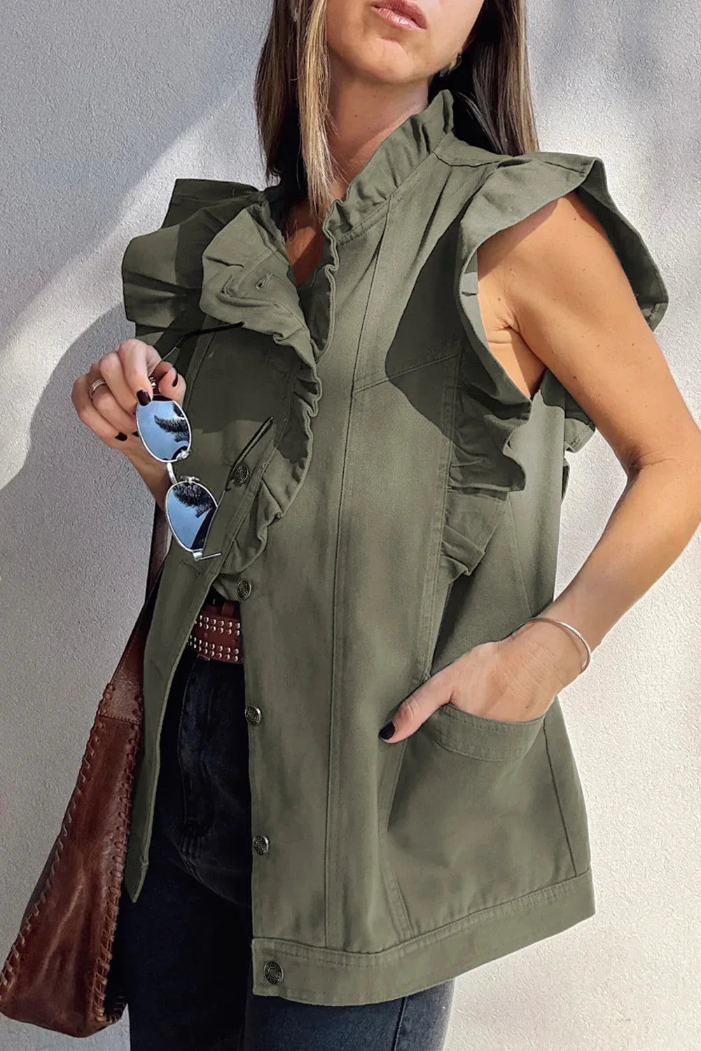 Gilet veste en jean uni Green Bay Ruffle
