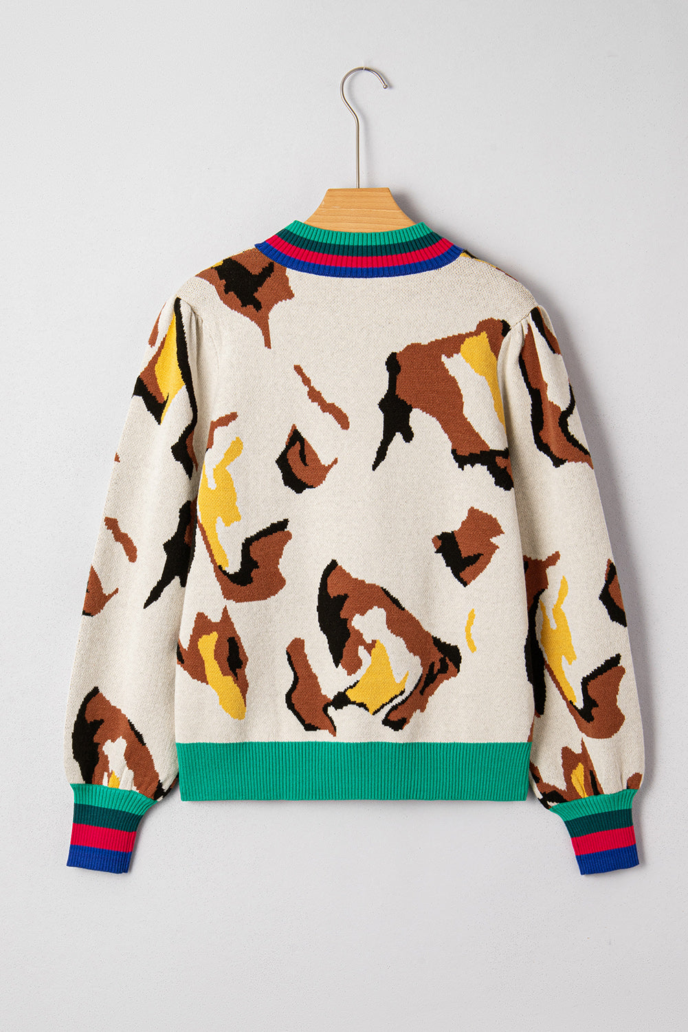 Pull en maille à rayures côtelées contrastantes motif animal abricot