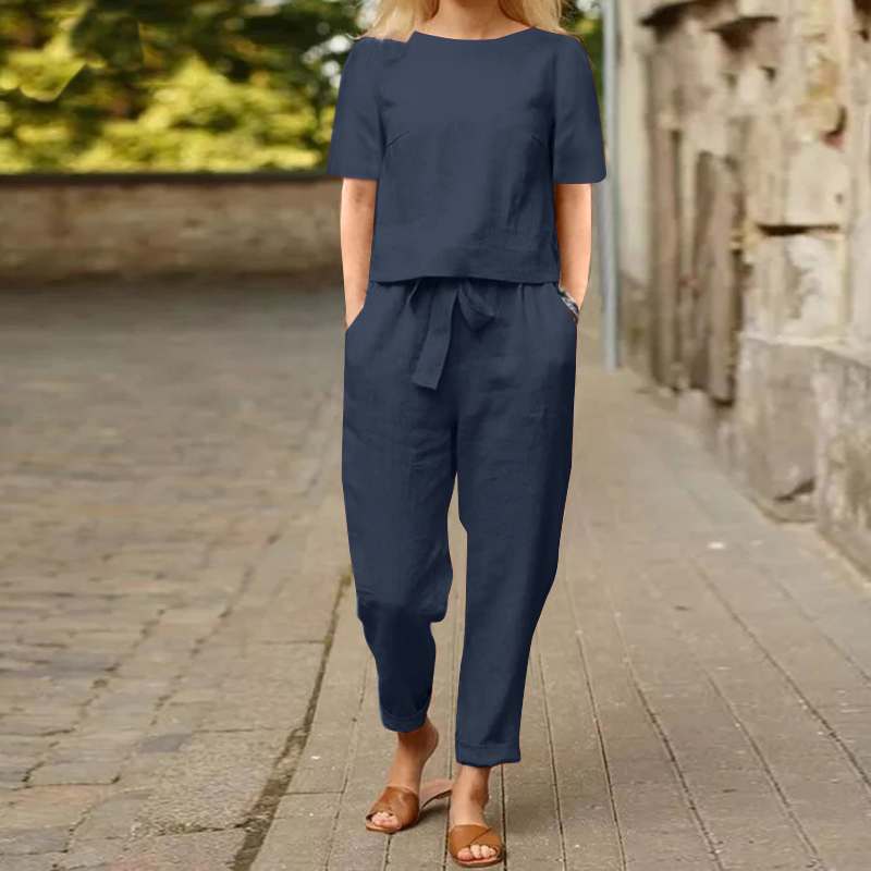 Ensemble deux pièces pantalon large – Tenue de détente décontractée unie