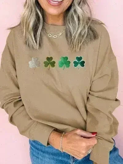 Sweat-shirt col rond motif trèfle brodé