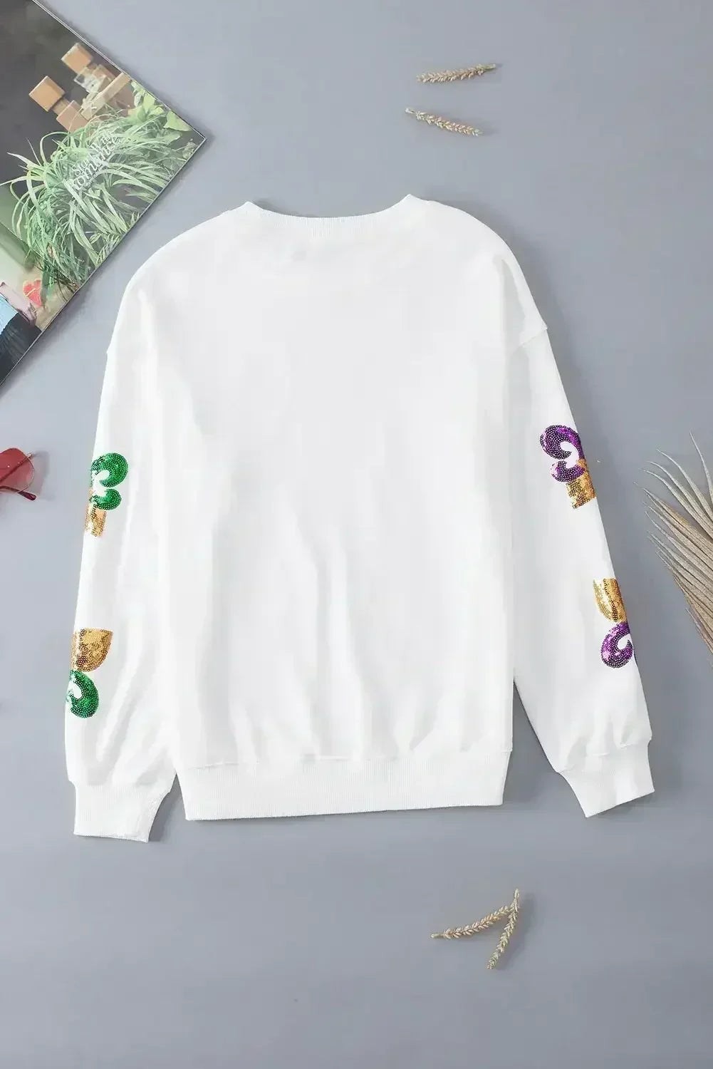 Sweat-shirt ras du cou de Mardi Gras à sequins blancs
