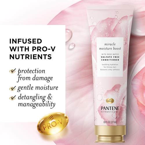 Pantene Nutrient Blends Miracle Moisture Boost – Revitalisant à l'eau de rose, sans sulfates, pour cheveux secs, 237 ml