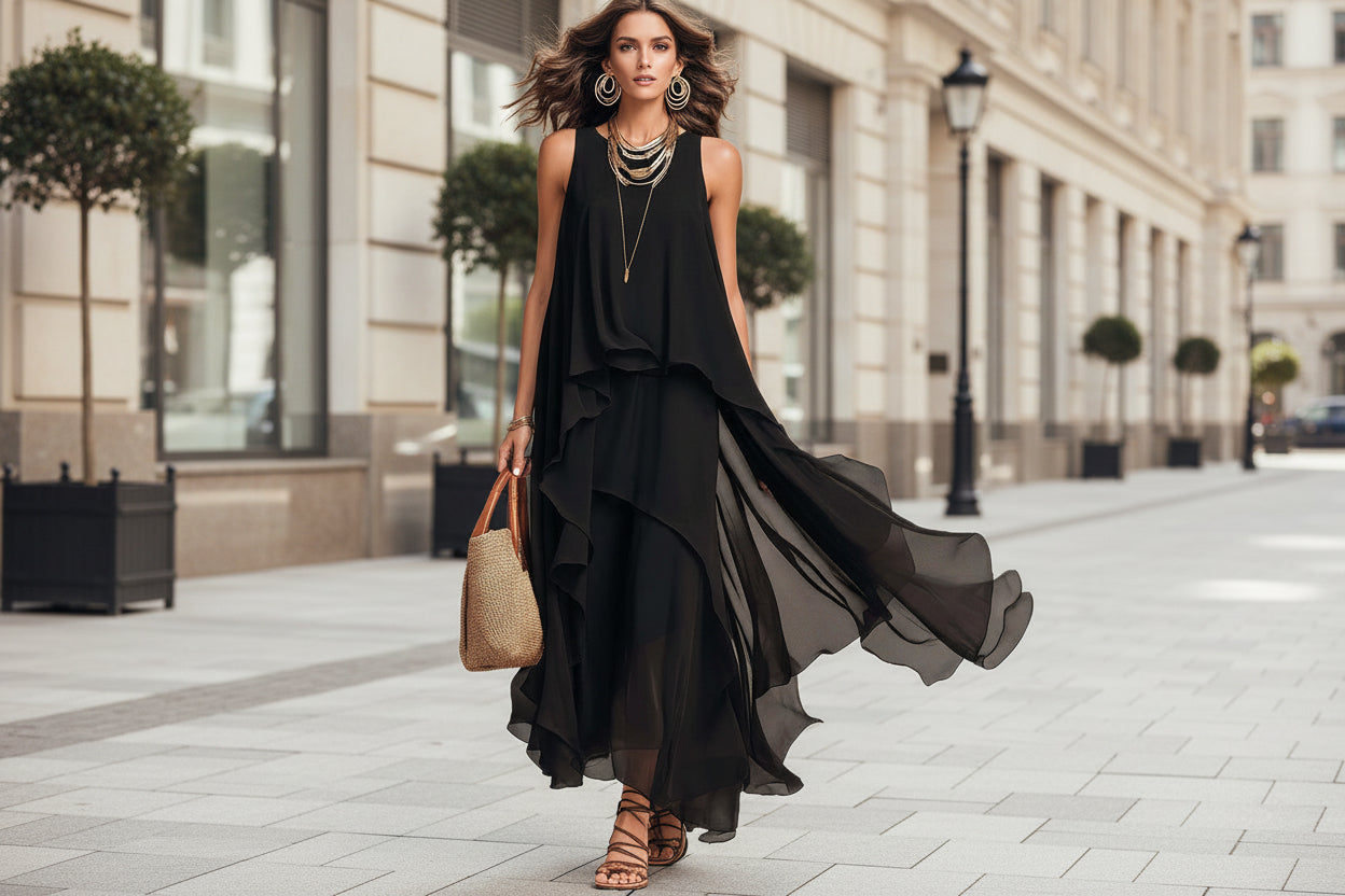 Robe longue sans manches en mousseline avec volants asymétriques – Noir, du TP au TTG