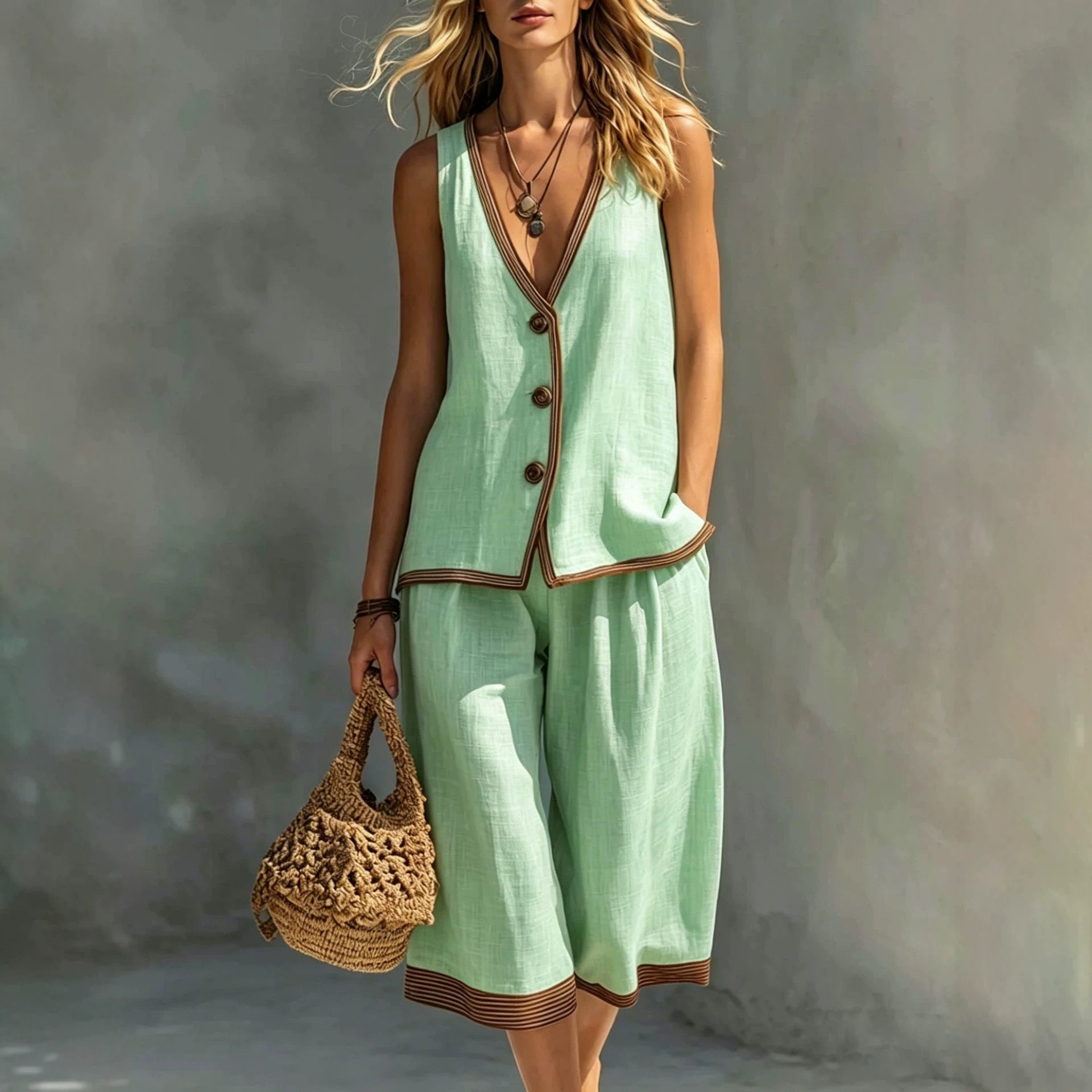 Ensemble deux-pièces gilet sans manches boutonné et short pour femme