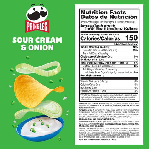 Pringles Croustilles, Collations pour le déjeuner, Collations sur le pouce, Crème aigre et oignon, Boîte de 155g (1 boîte)