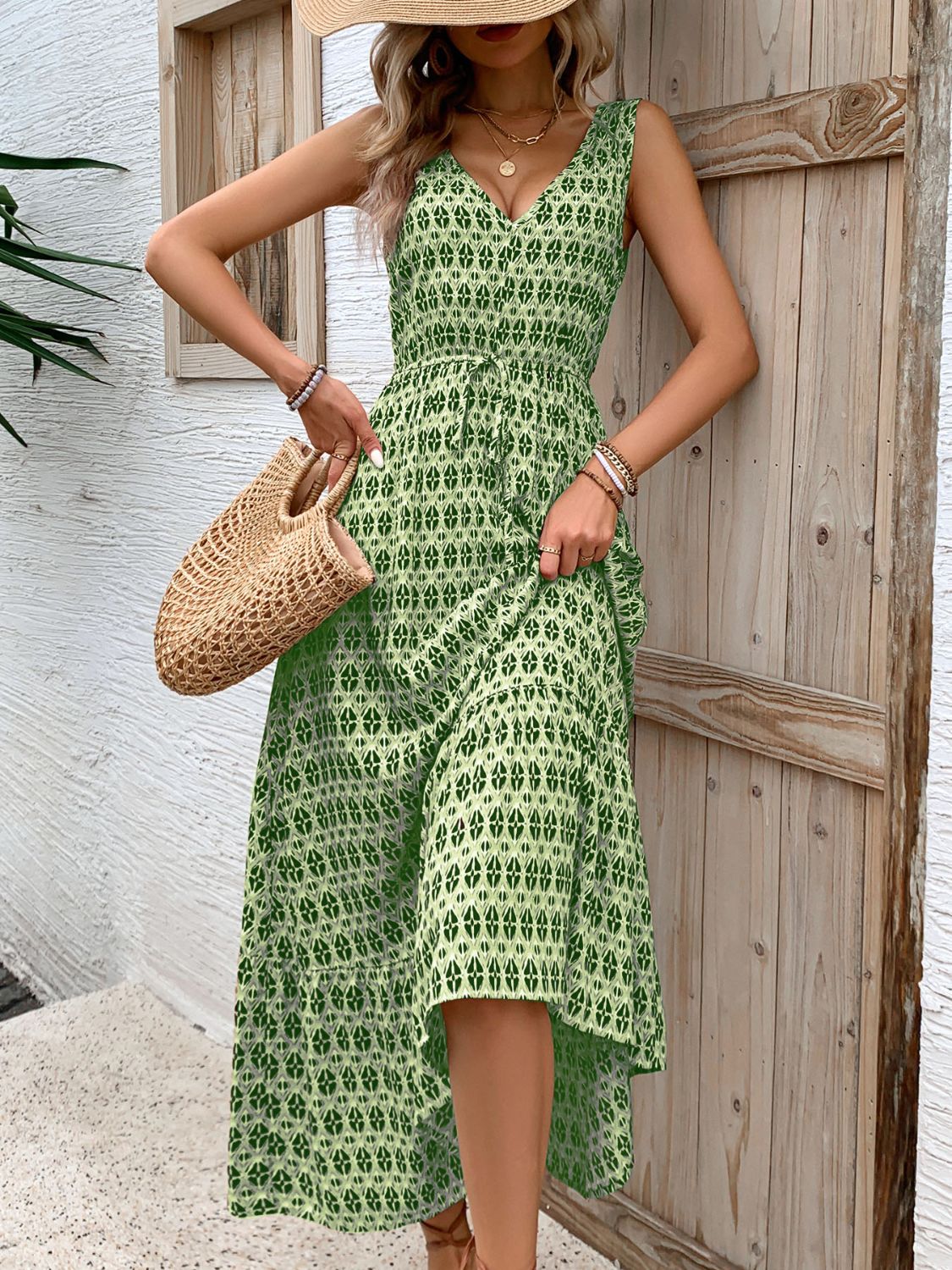 Robe midi vintage imprimée à col en V, nouée à la taille, légère, tendance et élégante pour femme