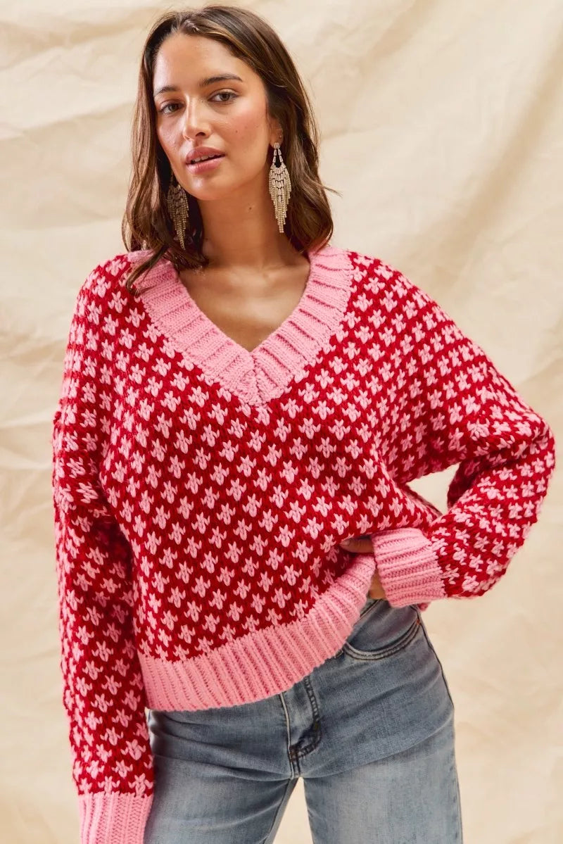 SO ME Pull de Noël texturé à blocs de couleurs avec décolleté en V