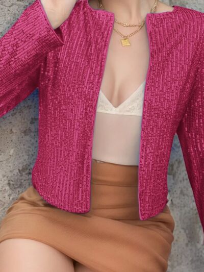 Veste courte élégante à sequins ouverte sur le devant pour femme avec des paillettes glamour, Veste de soirée de luxe pour femme