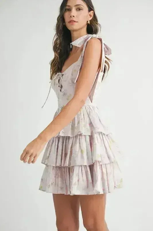 Mini-robe étagée à imprimé floral MABLE avec bretelles à nouer aux épaules