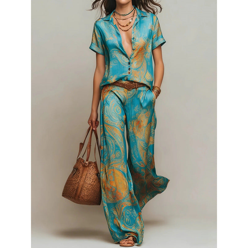 Ensemble deux pièces bohème imprimé pour femme – chemise et pantalon à manches 3/4