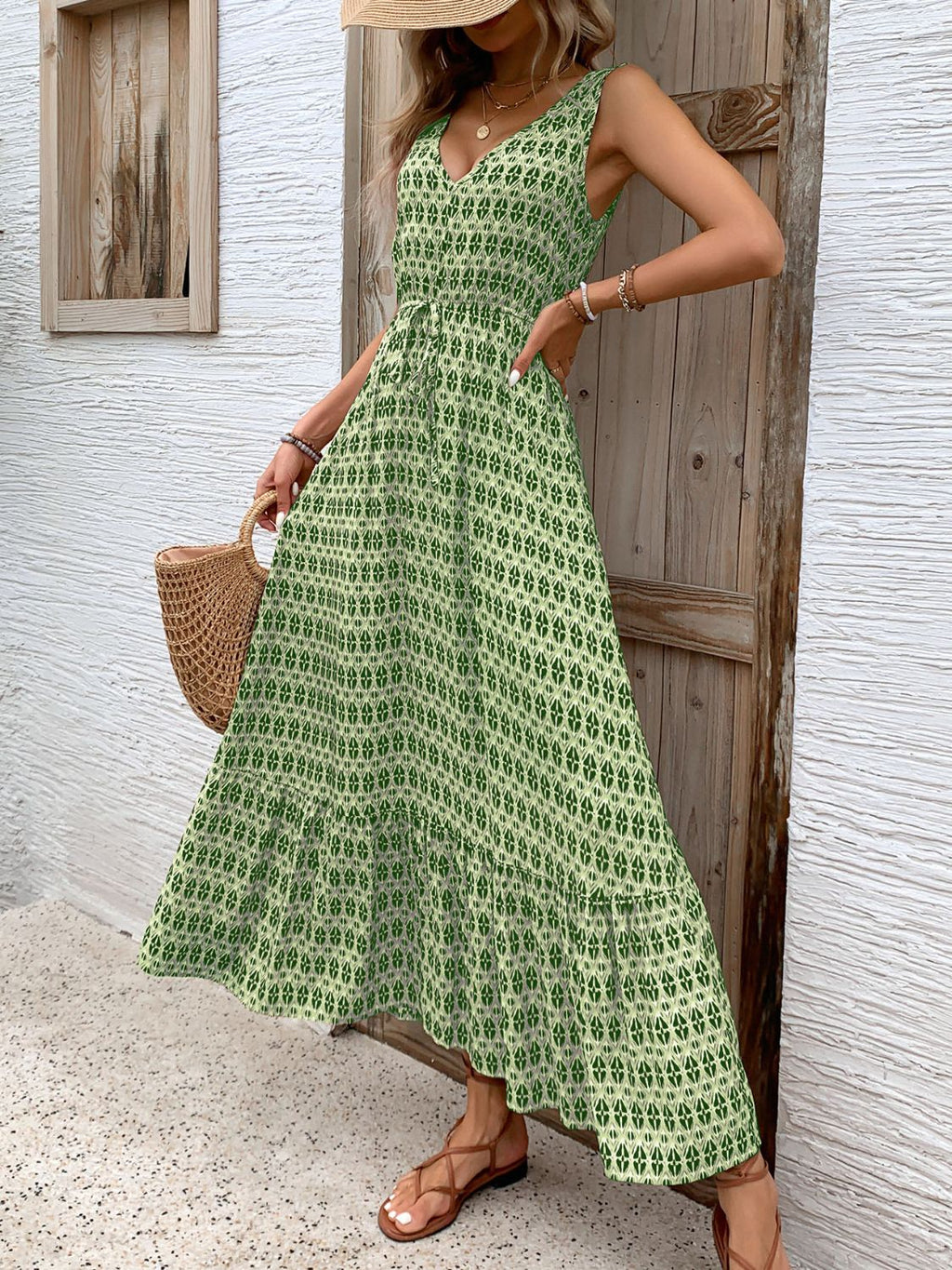 Robe midi vintage imprimée à col en V, nouée à la taille, légère, tendance et élégante pour femme