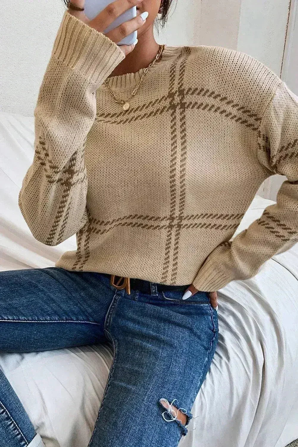 Pull en maille à carreaux kaki avec épaules tombantes