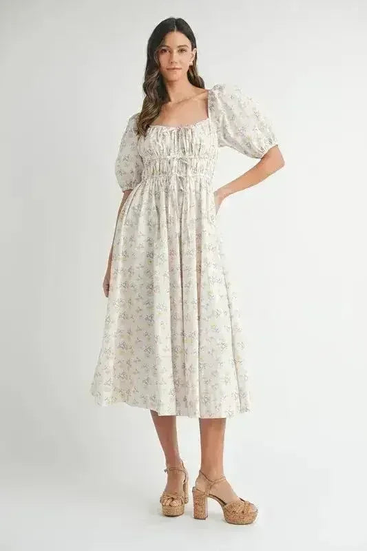 Robe midi MABLE à manches bouffantes avec cordon de serrage et motif floral