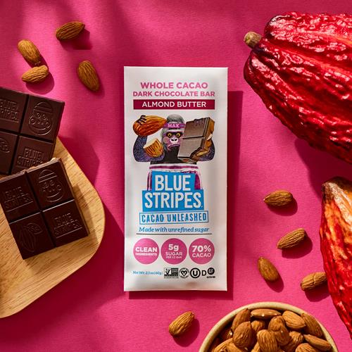 Tablette de chocolat noir Blue Stripes au beurre d'amande et cacao entier, 60 g