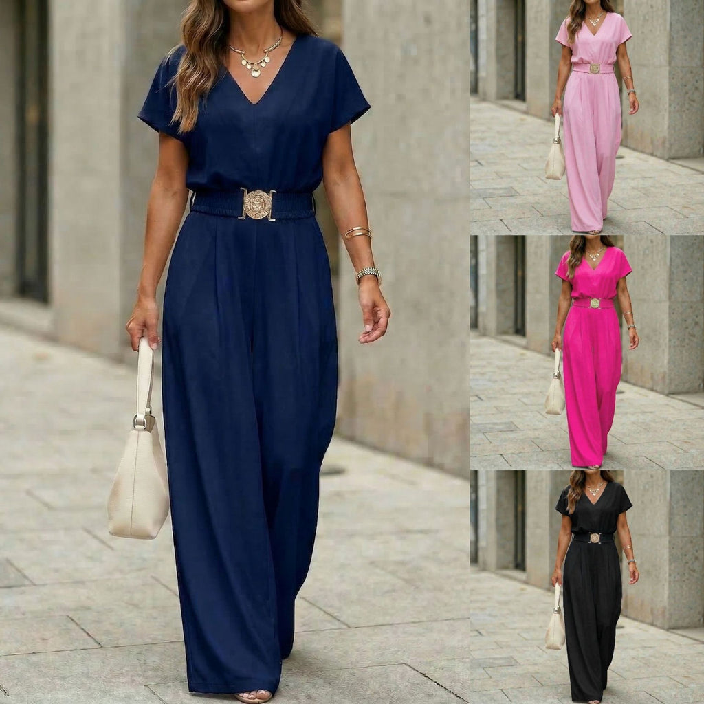 Combinaison pantalon femme à col en V, ceinture et jambes larges