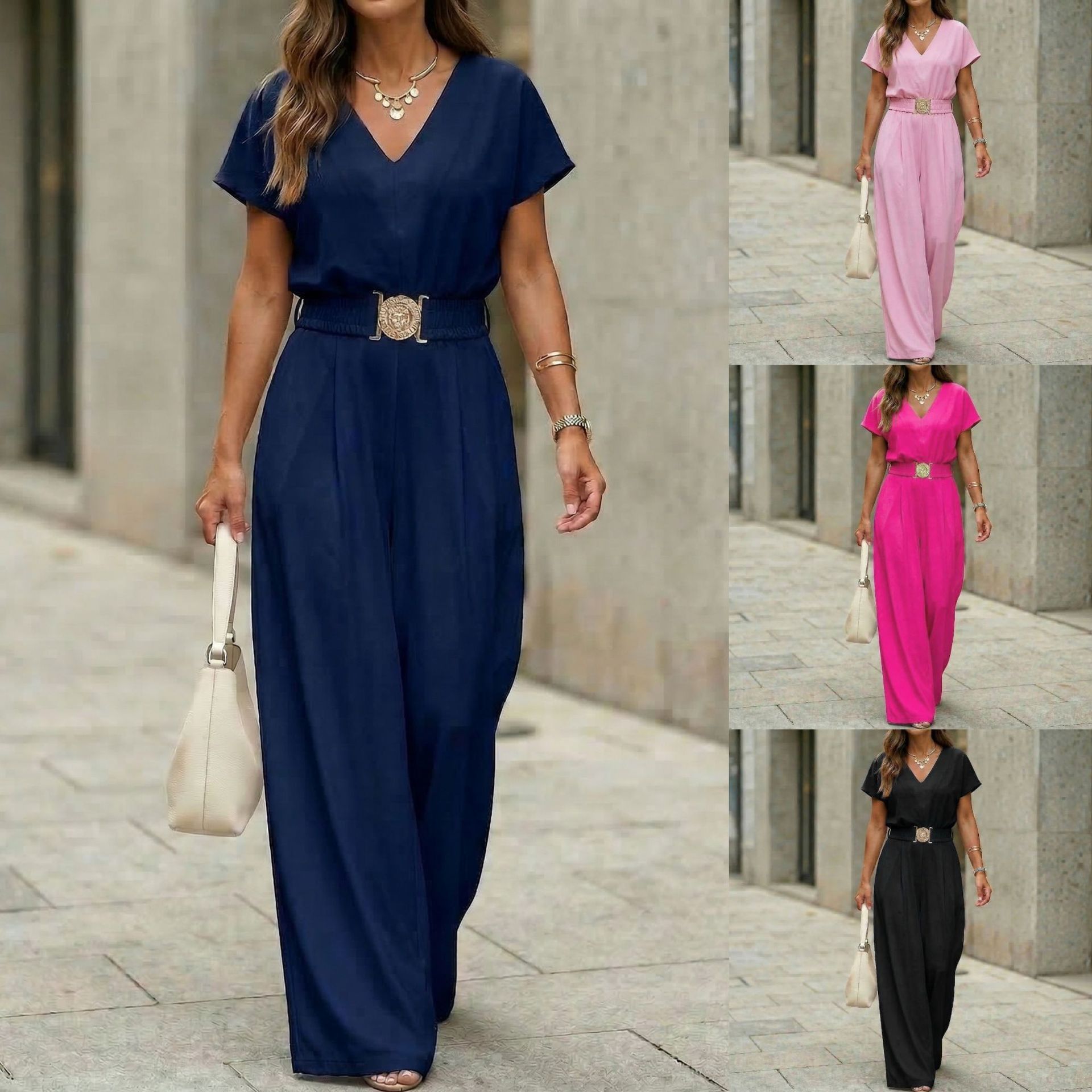 Combinaison pantalon femme à col en V, ceinture et jambes larges