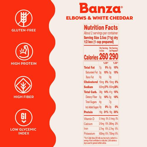 Banza Macaroni Coudes et Fromage Blanc Cheddar - Riche en Protéines, Sans Gluten et Faible en Glucides - 5,5 oz