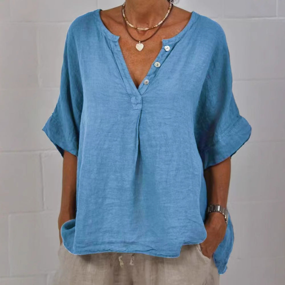 Chemise boutonnée en coton et lin à col en V pour femme