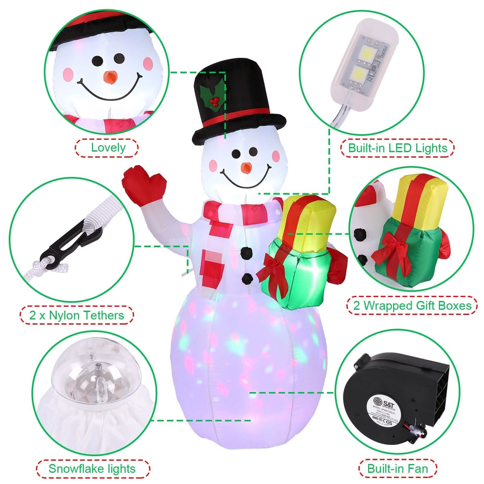 Décoration extérieure gonflable bonhomme de neige 1,5 m avec lumières LED rotatives