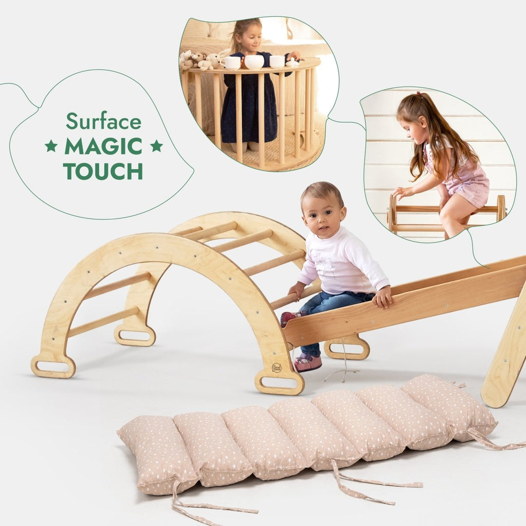 Ensemble d'escalade Montessori 5 en 1 : Échelle triangulaire + Arche/Balançoire + Planche à glissière/Rampe + Corde à filet + Coussin