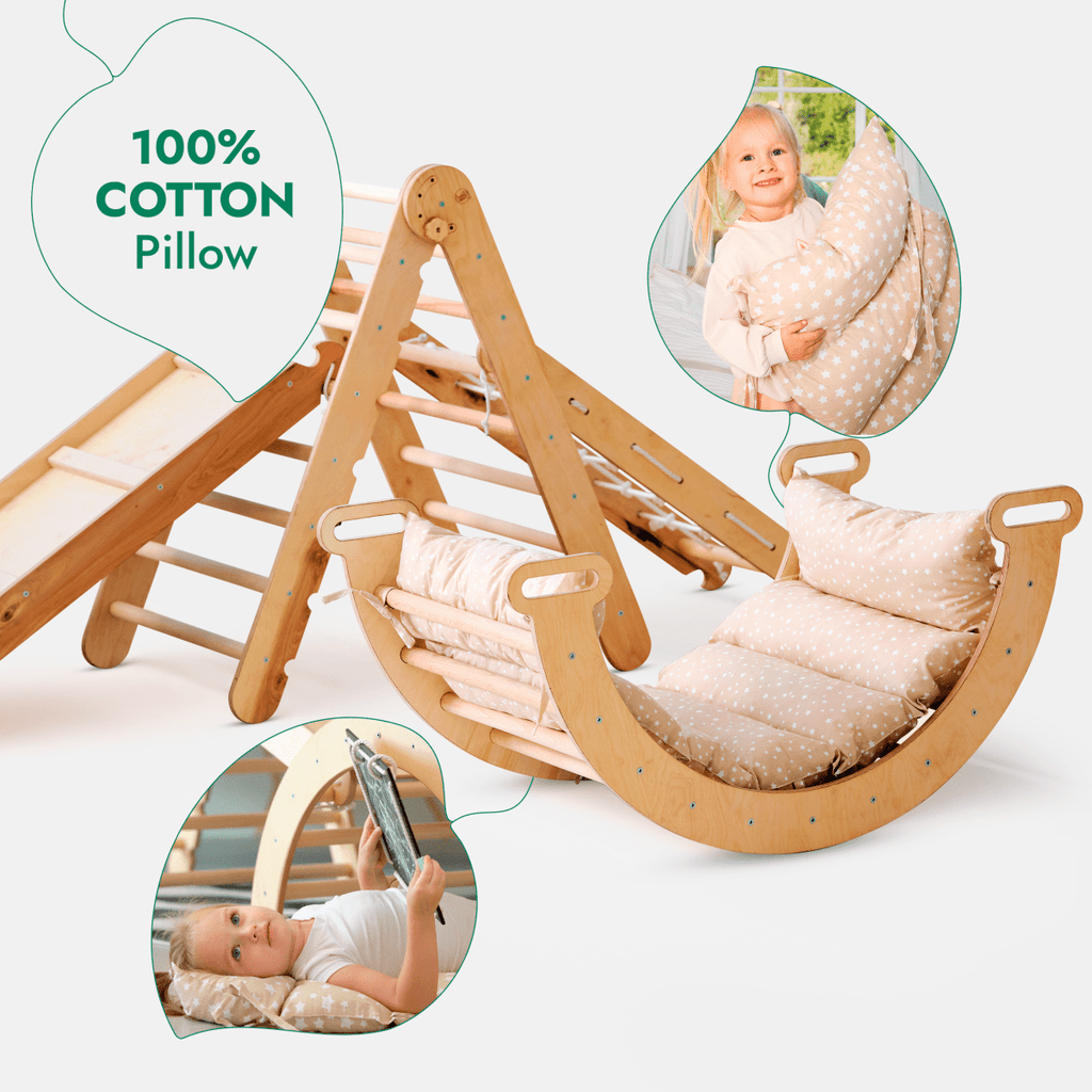 Ensemble d'escalade Montessori 5 en 1 : Échelle triangulaire + Arche/Balançoire + Planche à glissière/Rampe + Corde à filet + Coussin