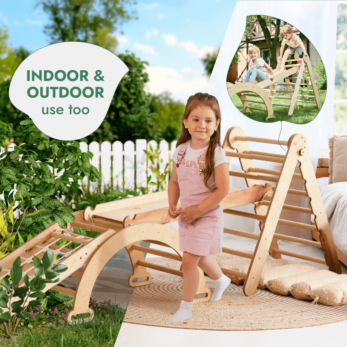 Ensemble d'escalade Montessori 5 en 1 : Échelle triangulaire + Arche/Balançoire + Planche à glissière/Rampe + Corde à filet + Coussin