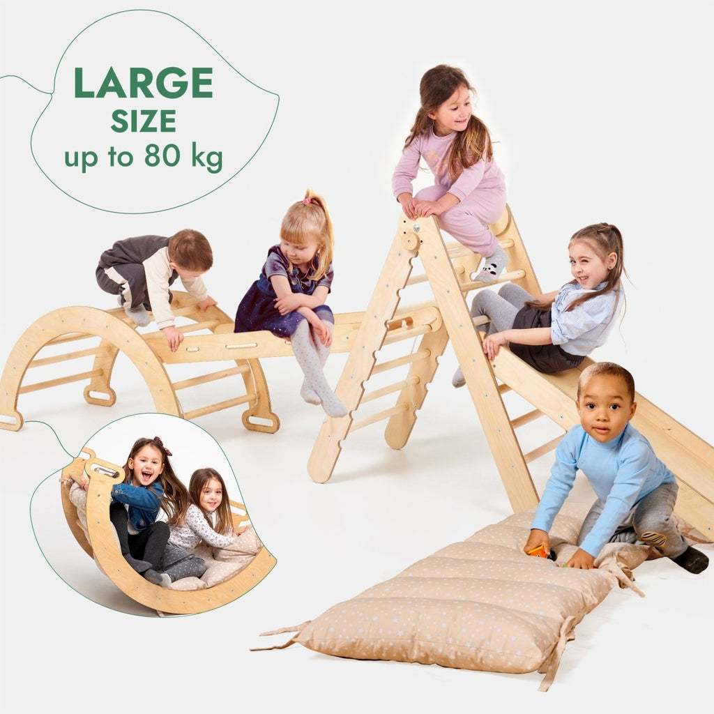 Ensemble d'escalade Montessori 5 en 1 : Échelle triangulaire + Arche/Balançoire + Planche à glissière/Rampe + Corde à filet + Coussin