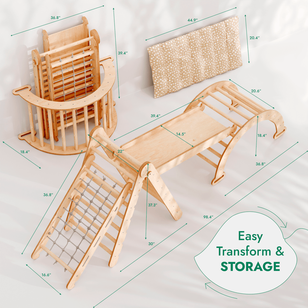 Ensemble d'escalade Montessori 5 en 1 : Échelle triangulaire + Arche/Balançoire + Planche à glissière/Rampe + Corde à filet + Coussin