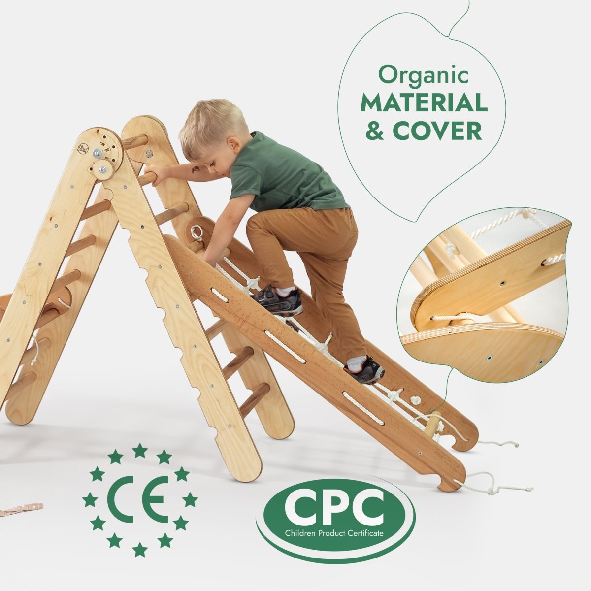 Ensemble d'escalade Montessori 5 en 1 : Échelle triangulaire + Arche/Balançoire + Planche à glissière/Rampe + Corde à filet + Coussin