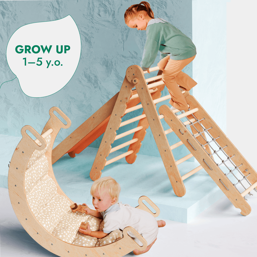 Ensemble d'escalade Montessori 5 en 1 : Échelle triangulaire + Arche/Balançoire + Planche à glissière/Rampe + Corde à filet + Coussin