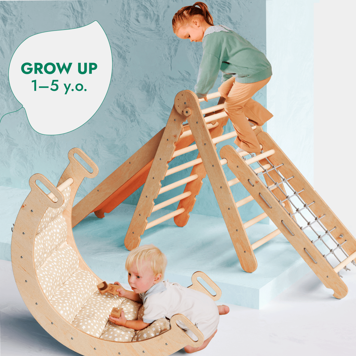 Ensemble d'escalade Montessori 5 en 1 : Échelle triangulaire + Arche/Balançoire + Planche à glissière/Rampe + Corde à filet + Coussin