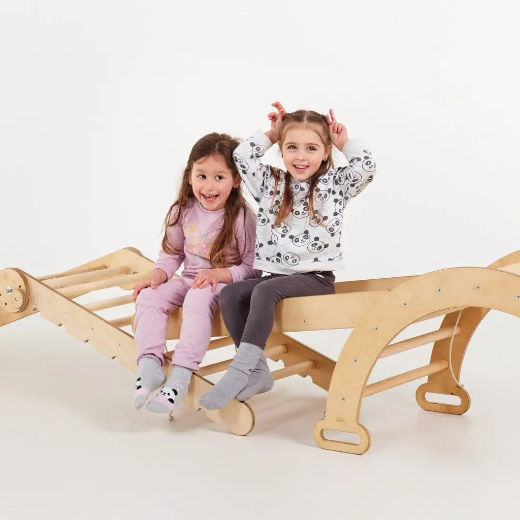 Ensemble d'escalade Montessori 5 en 1 : Échelle triangulaire + Arche d'escalade + Planche de glisse + Filet d'escalade + Module artistique
