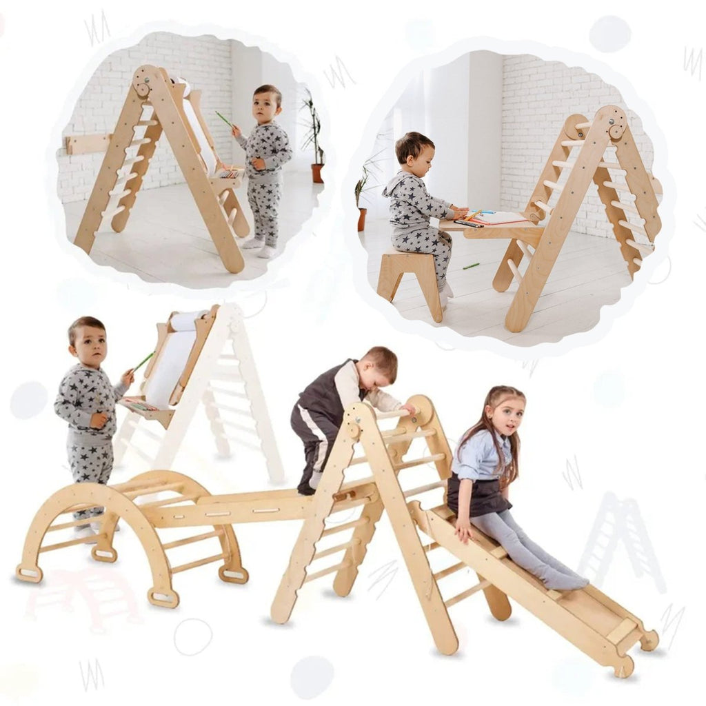 Ensemble d'escalade Montessori 5 en 1 : Échelle triangulaire + Arche d'escalade + Planche de glisse + Filet d'escalade + Module artistique