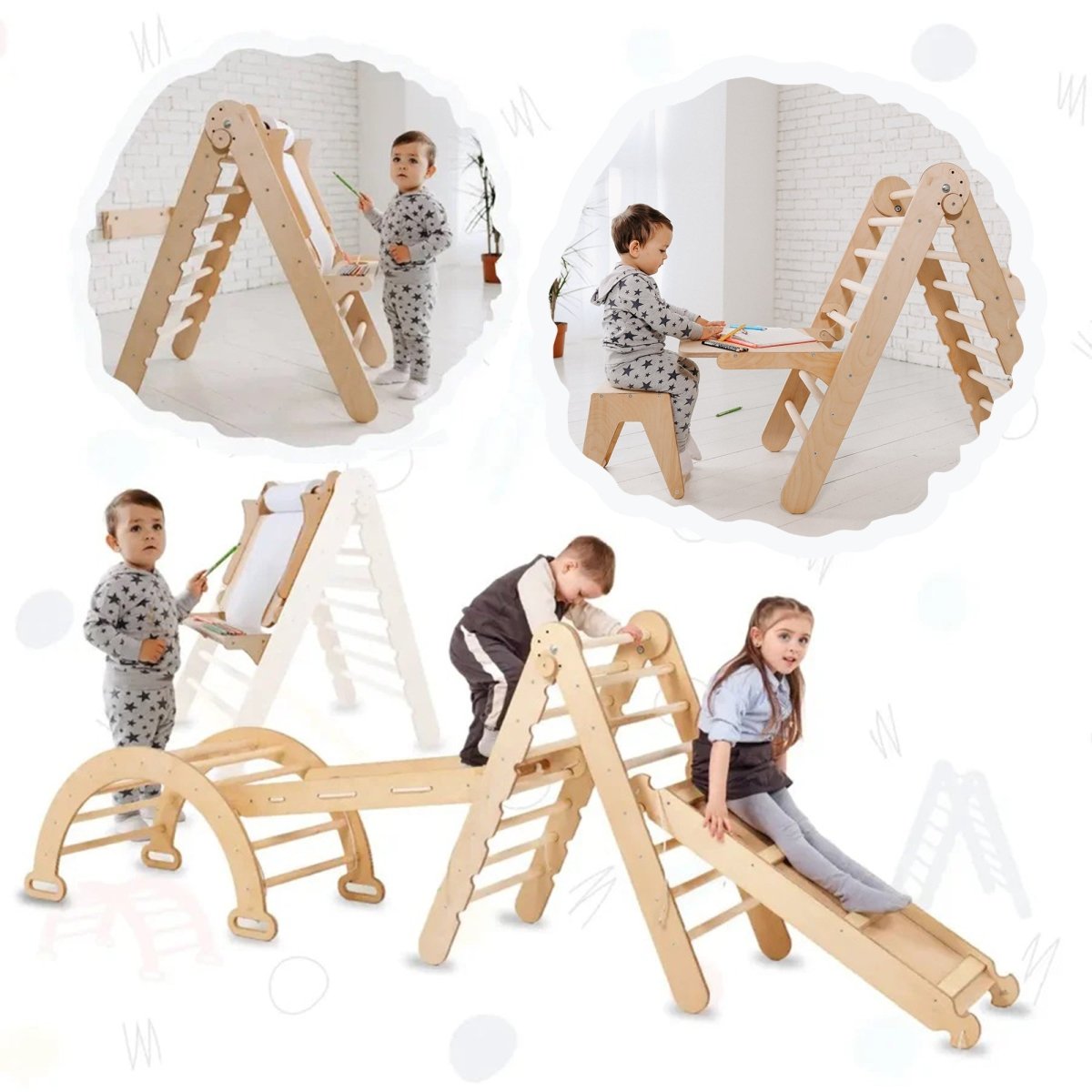 Ensemble d'escalade Montessori 5 en 1 : Échelle triangulaire + Arche d'escalade + Planche de glisse + Filet d'escalade + Module artistique