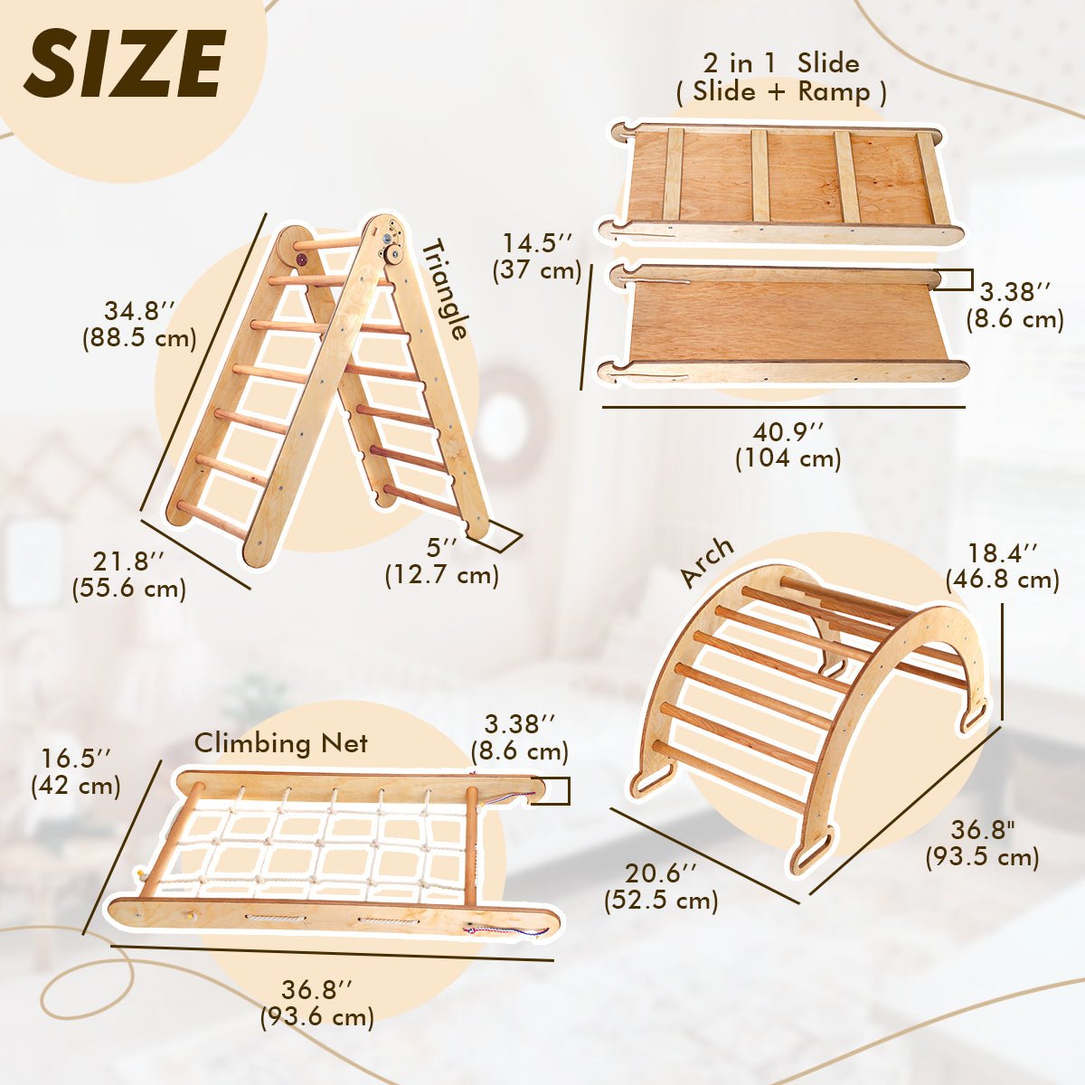 Ensemble d'escalade Montessori 5 en 1 : Échelle triangulaire + Arche d'escalade + Planche de glisse + Filet d'escalade + Module artistique