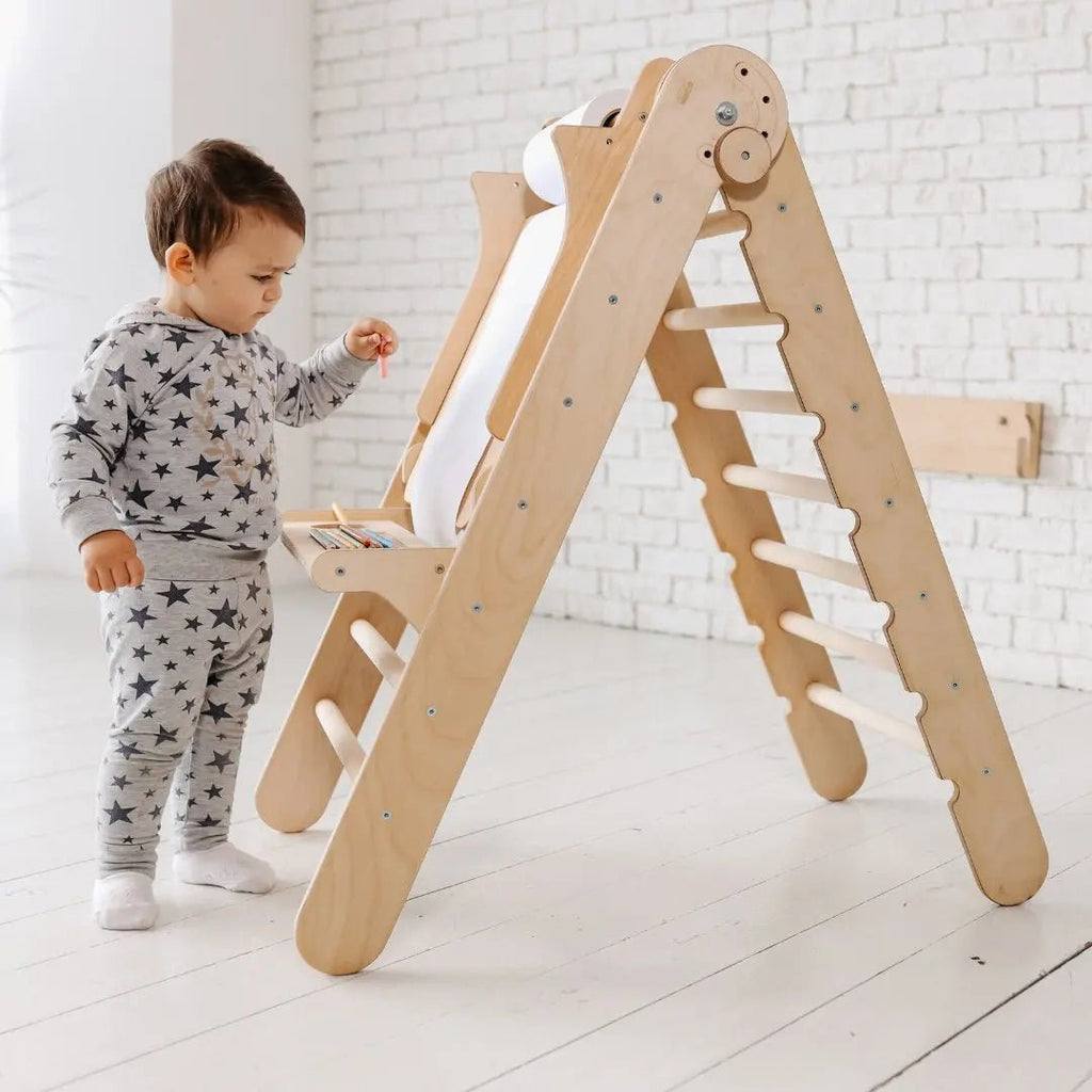 Ensemble d'escalade Montessori 5 en 1 : Échelle triangulaire + Arche d'escalade + Planche de glisse + Filet d'escalade + Module artistique