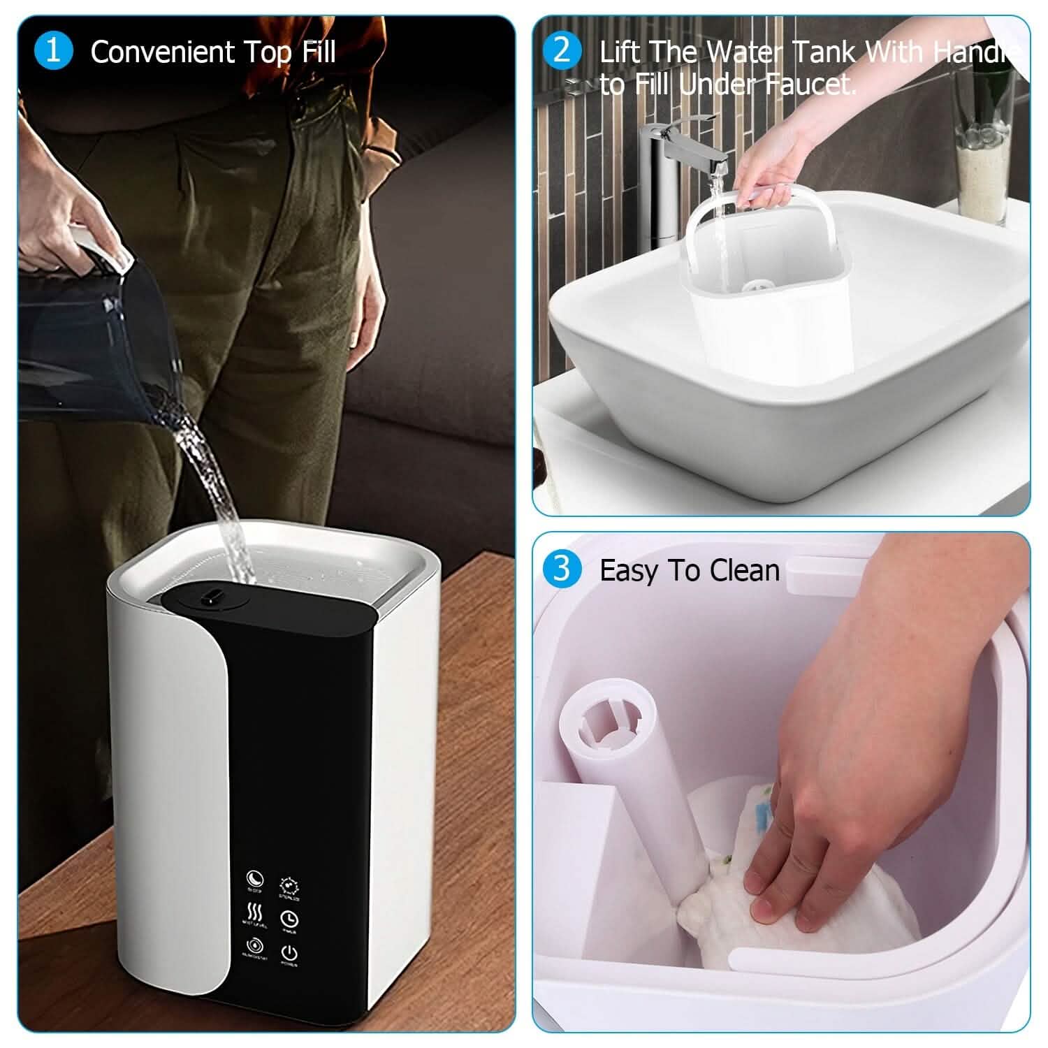 Humidificateur 5 L à remplissage par le haut, brume fraîche, avec diffuseur d'huiles essentielles et filtre