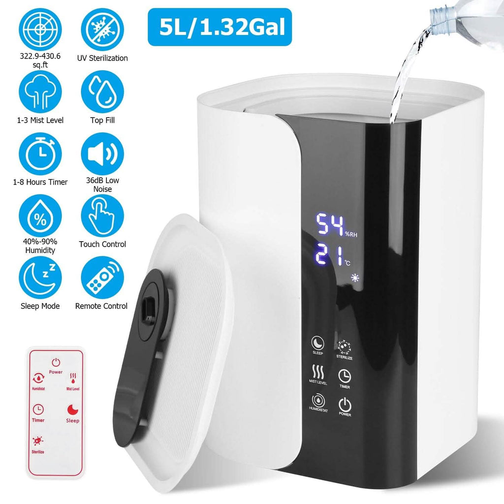 Humidificateur 5 L à remplissage par le haut, brume fraîche, avec diffuseur d'huiles essentielles et filtre