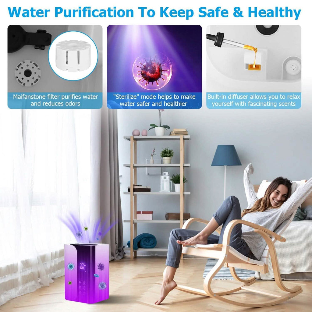Humidificateur 5 L à remplissage par le haut, brume fraîche, avec diffuseur d'huiles essentielles et filtre