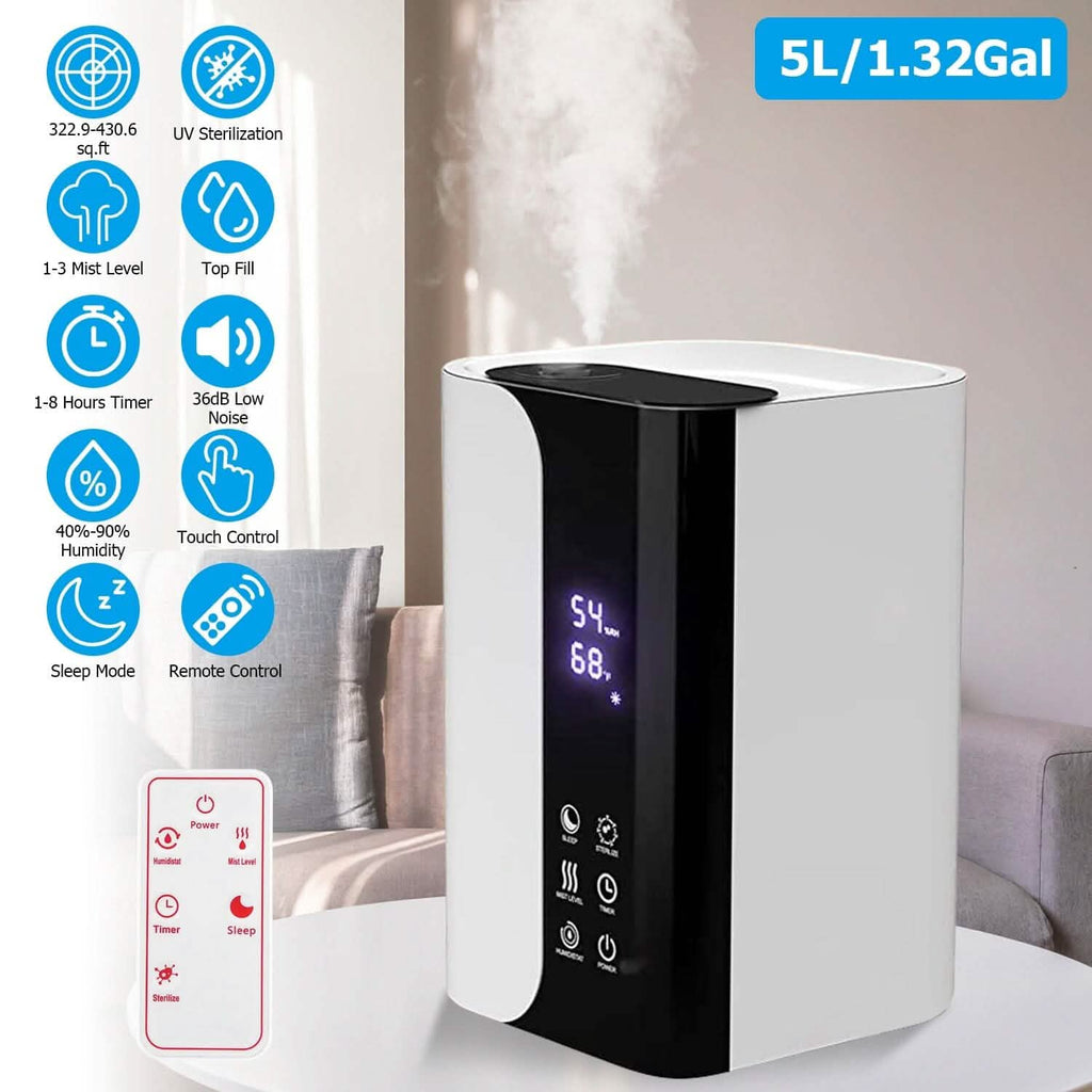 Humidificateur 5 L à remplissage par le haut, brume fraîche, avec diffuseur d'huiles essentielles et filtre
