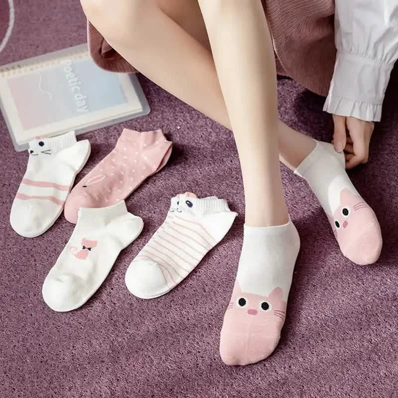 Lot de 5 paires : Chaussettes courtes Kitty roses