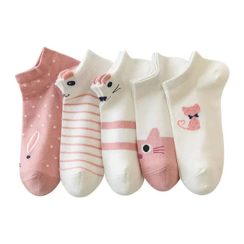 Lot de 5 paires : Chaussettes courtes Kitty roses