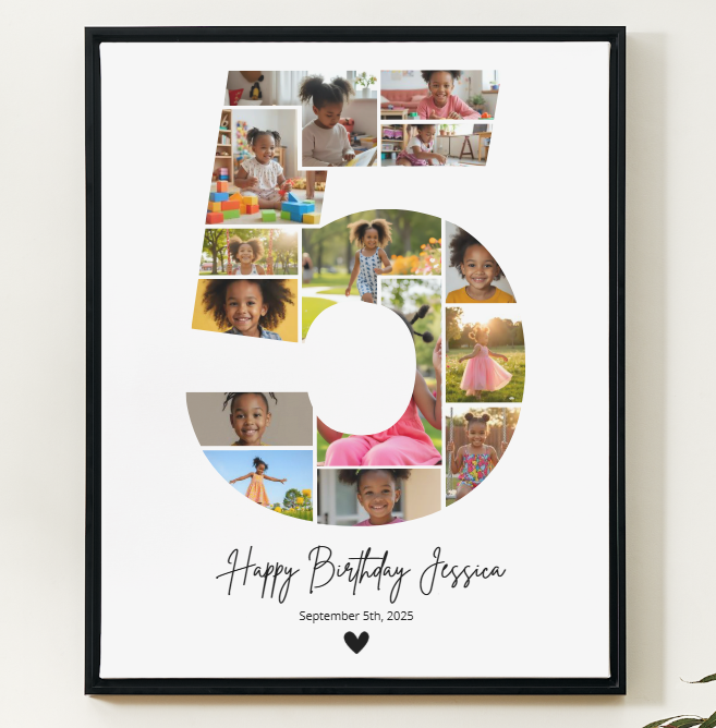 Modèle Canva de collage photo pour le 5e anniversaire – Affiche personnalisable des étapes importantes